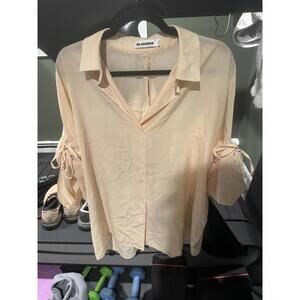 Jil Sander 100% Silk Women's Cream Blouse with Tie Sleeve Detail Size 40